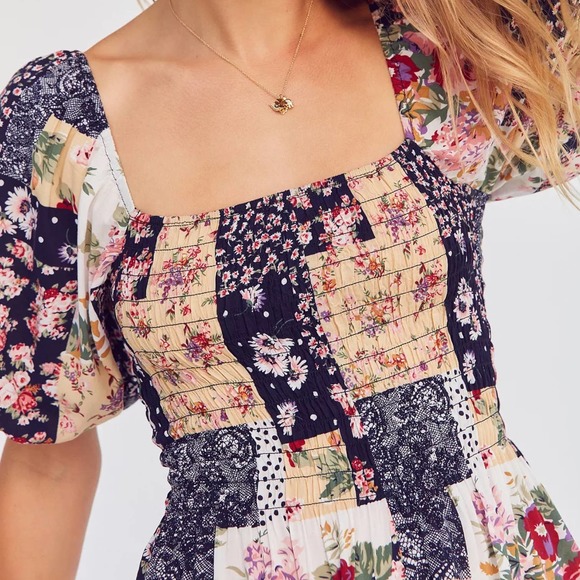 Kimchi Blue Patsy Patchwork Smocked Romper Playsuit w/Square Neckline - Picture 2 of 12